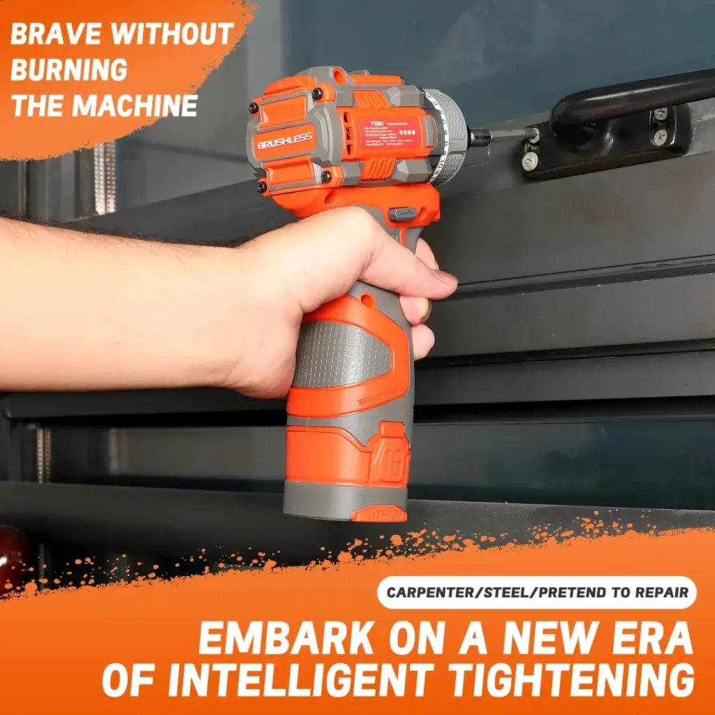 Person using an orange cordless drill on a metal surface.