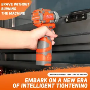 Person using an orange cordless drill on a metal surface.