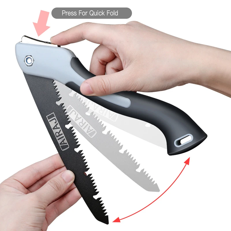 Hands demonstrating how to fold a black and silver folding saw.