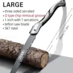 AIRAJ SK7 folding saw with serrated blade cutting a log.