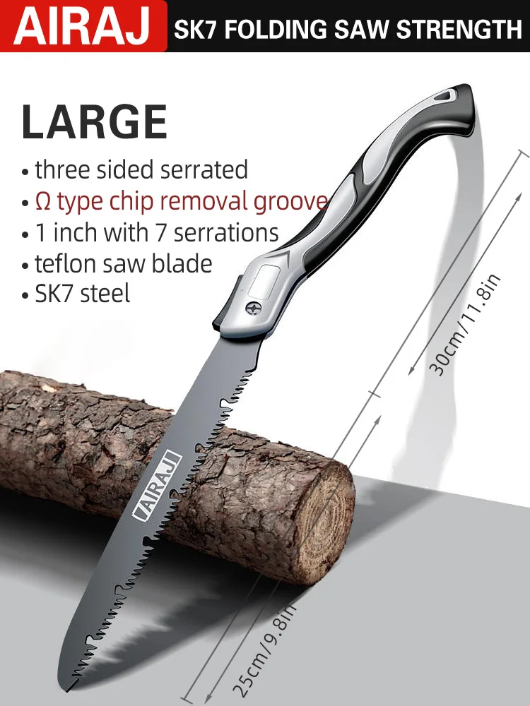 AIRAJ SK7 folding saw with serrated blade cutting a log.