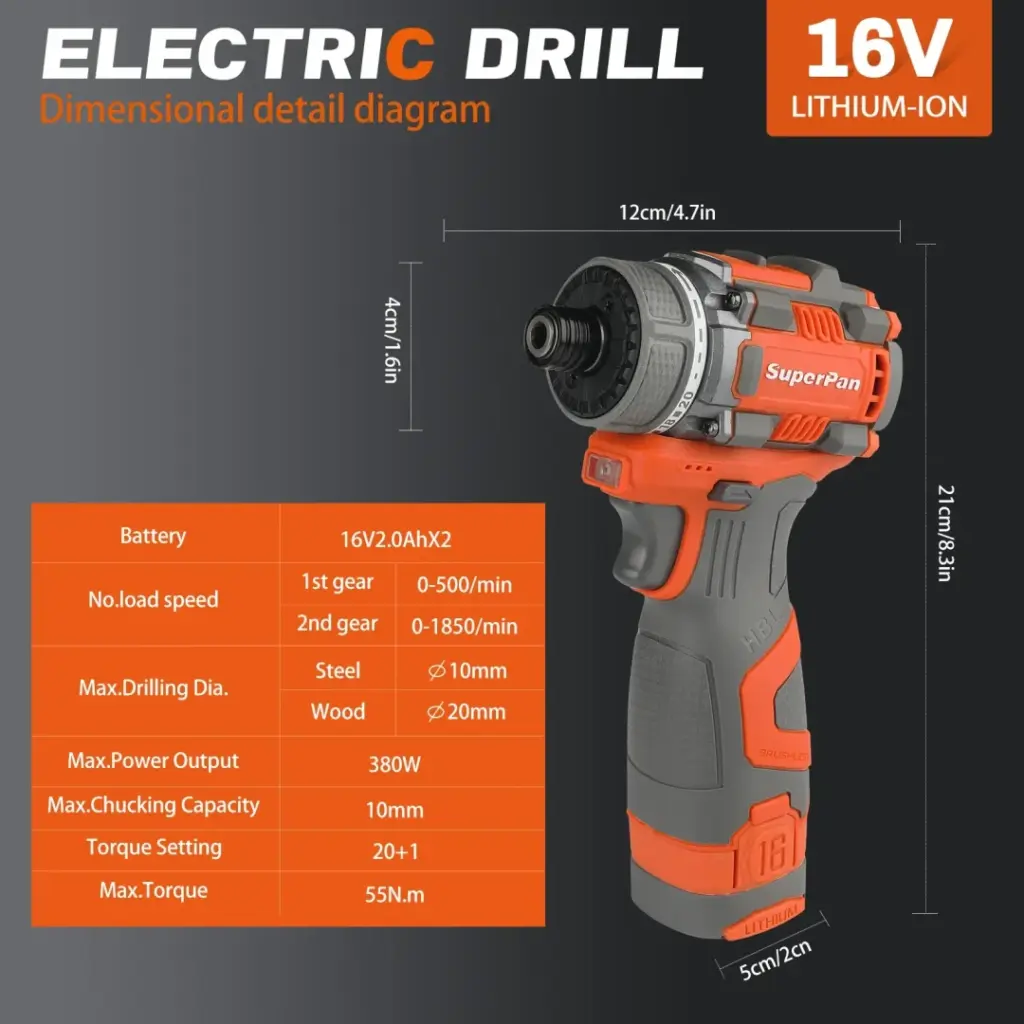 Electric drill with specifications and dimensions displayed.