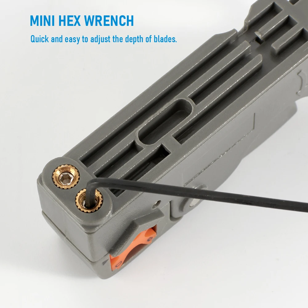 Mini hex wrench adjusting the depth of blades on a tool.