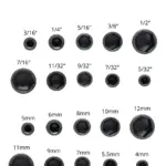 Various sizes of hex socket bits displayed with measurements.