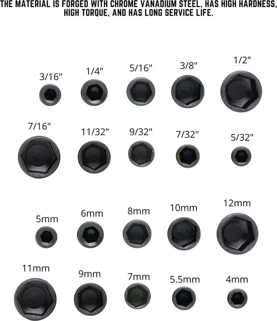 Various sizes of hex socket bits displayed with measurements.