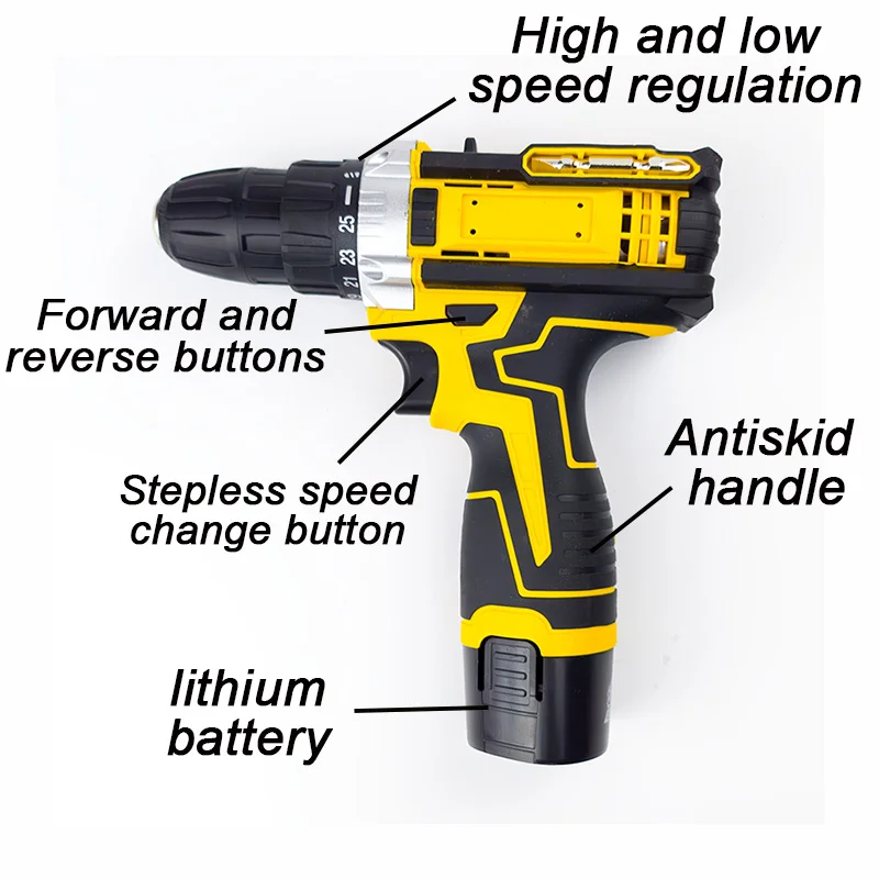 Cordless drill with labeled parts including speed regulation and lithium battery.