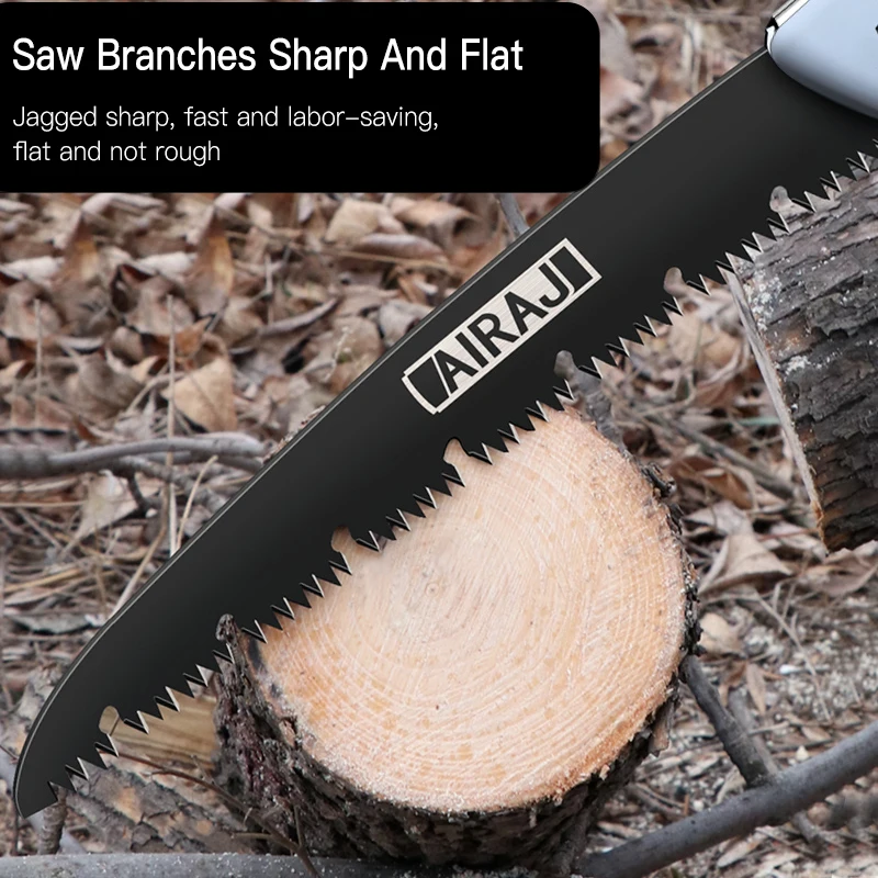 Close-up of a saw cutting through a tree branch.