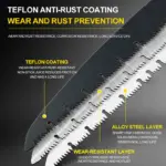 Close-up of a serrated knife blade with Teflon anti-rust coating and multiple protective layers.