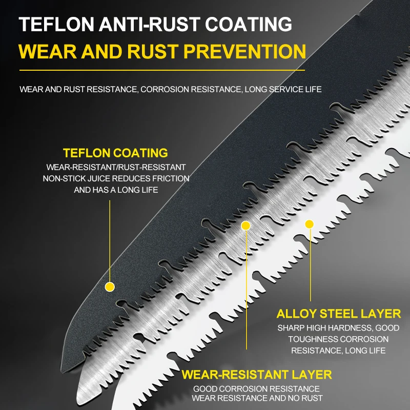 Close-up of a serrated knife blade with Teflon anti-rust coating and multiple protective layers.