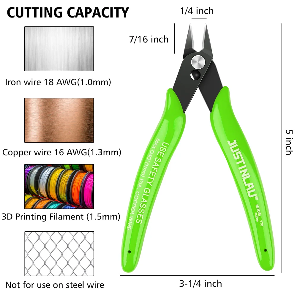 Green wire cutters with cutting capacity details for various materials.