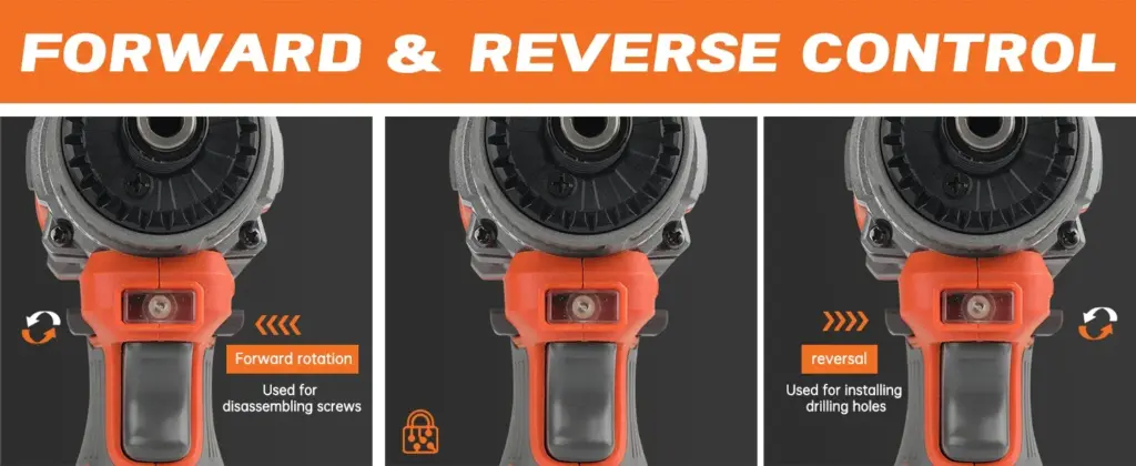 Close-up of a power tool showing forward and reverse control features.