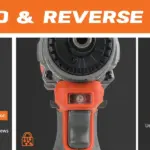Close-up of a power tool showing forward and reverse control features.