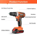 Orange and black cordless drill with labeled features.