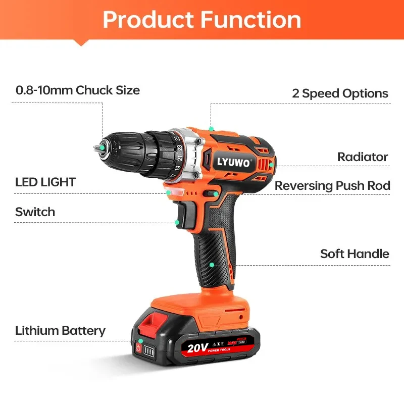 Orange and black cordless drill with labeled features.
