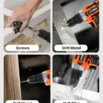 Various uses of a power drill, including drilling screws, metal, wood, and tiles.