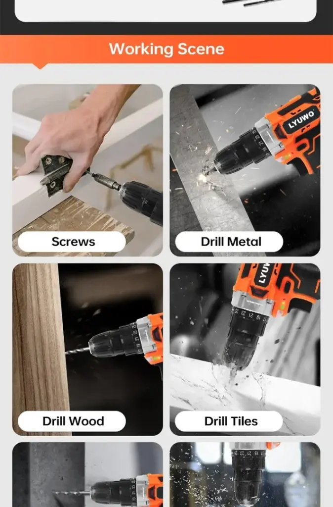 Various uses of a power drill, including drilling screws, metal, wood, and tiles.