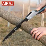 Person using an AIRAJ folding saw to cut a tree branch.