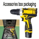 Yellow and black cordless drill with accessories box.