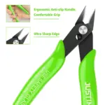 Green precision wire cutter with ergonomic handle and sharp edge.