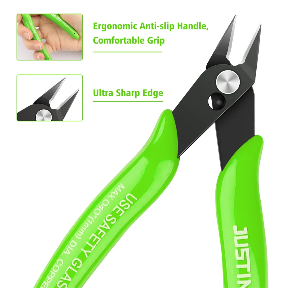 Green precision wire cutter with ergonomic handle and sharp edge.
