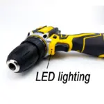 Yellow and black cordless drill with LED lighting feature.
