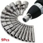 Set of nine hex socket drill bits with a drill.