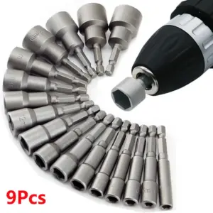 Set of nine hex socket drill bits with a drill.
