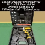 Toolkit with drill, bits, and accessories in a black case.