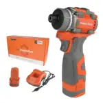 Orange and gray cordless drill with accessories and packaging.