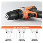 Orange and black cordless drill with one button reversal feature.