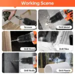 Collage showing a drill in action on various materials.