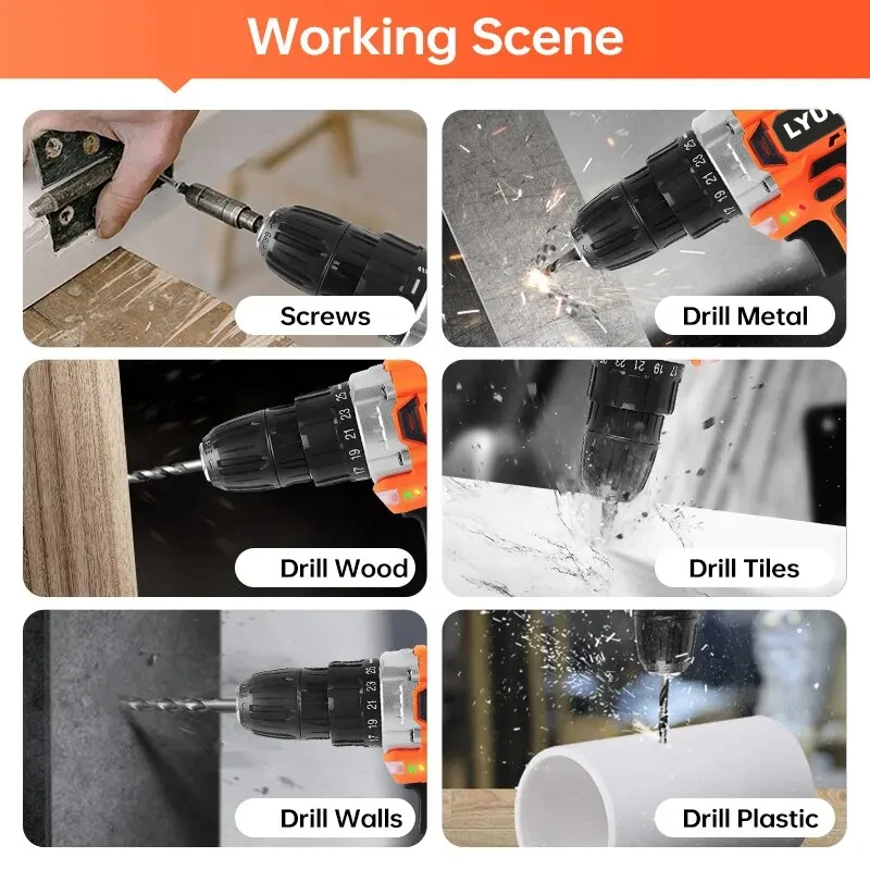 Collage showing a drill in action on various materials.