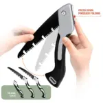 Hand holding a folding saw with instructions for quick folding.