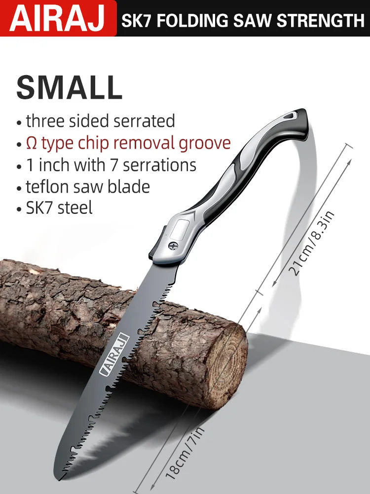 AIRAJ SK7 folding saw with serrated blade cutting a log.