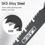 Close-up of a SK5 alloy steel saw blade with three-sided grinding teeth.