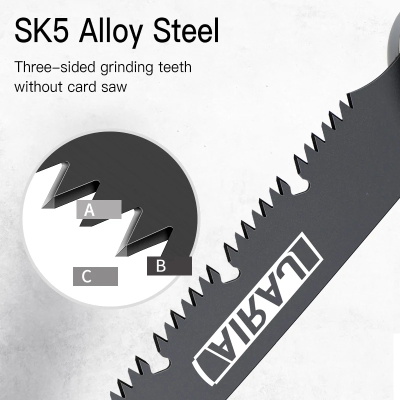 Close-up of a SK5 alloy steel saw blade with three-sided grinding teeth.