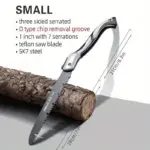 Small serrated saw with features listed, placed on a wooden log.