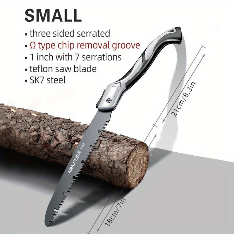 Small serrated saw with features listed, placed on a wooden log.