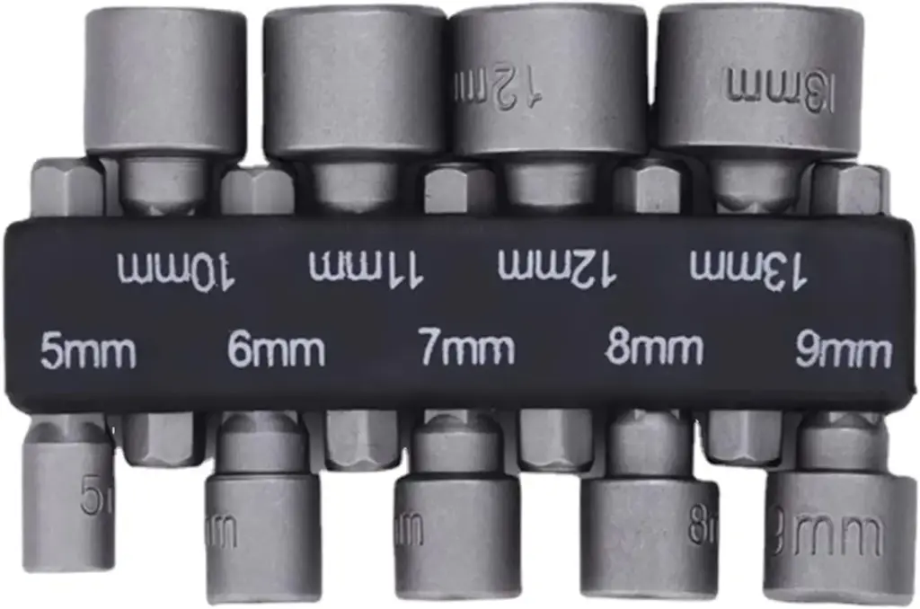 Set of nine hex socket bits with sizes labeled from 5mm to 13mm.