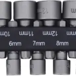 Set of nine hex socket bits with sizes labeled from 5mm to 13mm.