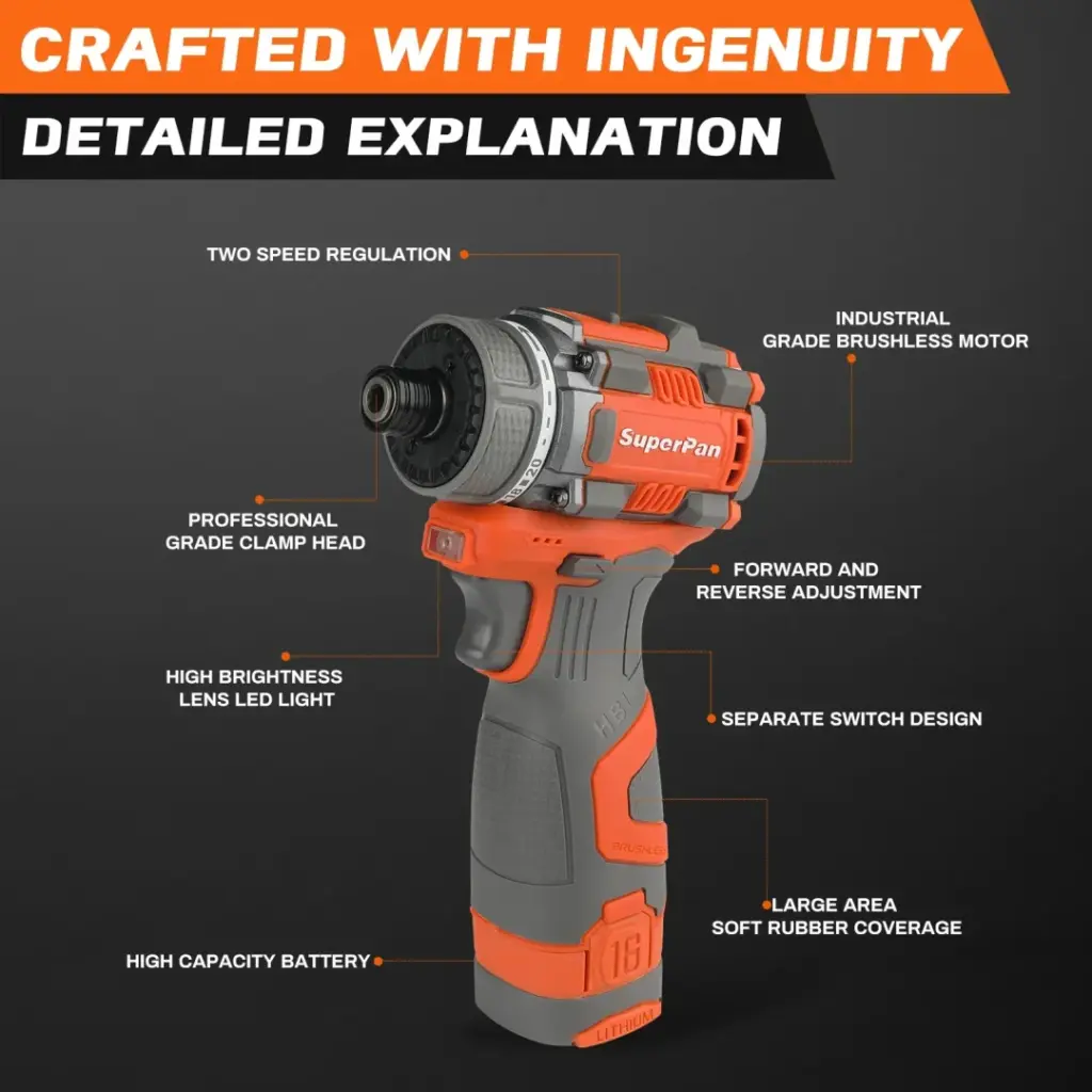 Orange and gray cordless drill with labeled features.