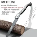 AIRAJ SK7 folding saw with serrated blade cutting a log.