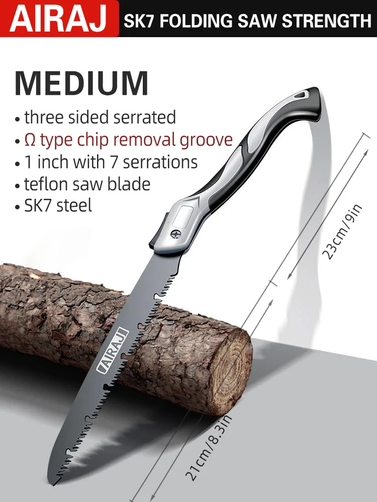 AIRAJ SK7 folding saw with serrated blade cutting a log.