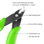 Green-handled flush cutter for wire cutting up to 16 AWG.
